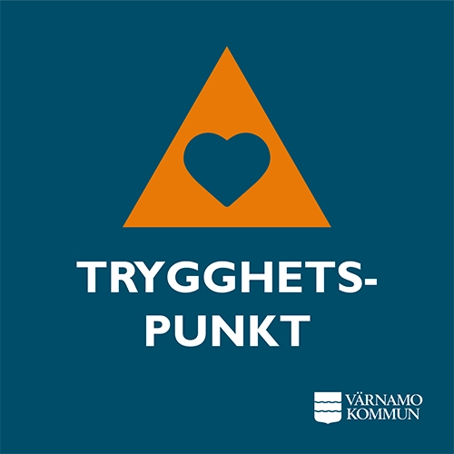 Bilden visar symbolen för trygghetspunkt, en triangel med ett hjärta och värnamo kommuns logotyp.