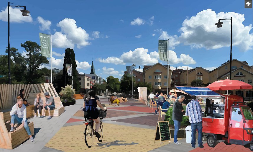 Bilden är en exempelbild på hur det skulle se ut på Åbron ifall biltrafiken försvann på den. På bron finns nu folk som sitter på uteserveringar, cyklar mitt på bron, och flera personer sitter på olika sittplatser och parkbänkar.
