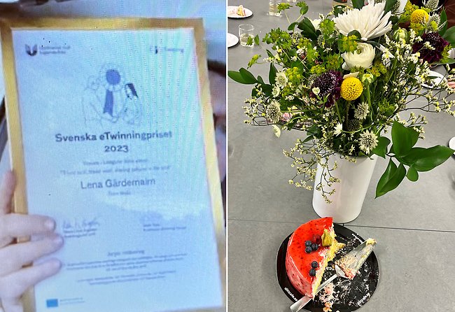 Till vänster syns ett inramat diplom, som en person håller i händerna. Till höger syns en blomsterbukett i en vas, som står på ett bord. På bordet finns också en röd tärta.