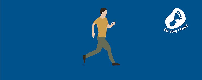En blå bakgrund och en illustration av en människa som springer. I ena hörnet är Ett steg i tagets logga.